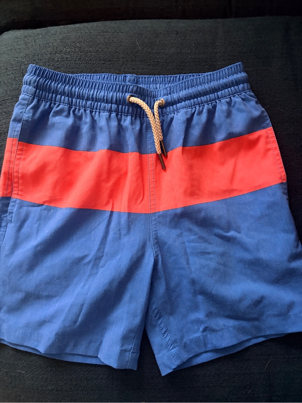 Fair Harbor Kids Blue Swim Trunks with Red Stripe